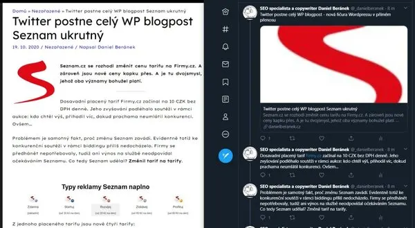 Blogpost WP transformovaný do Twitter vlákna